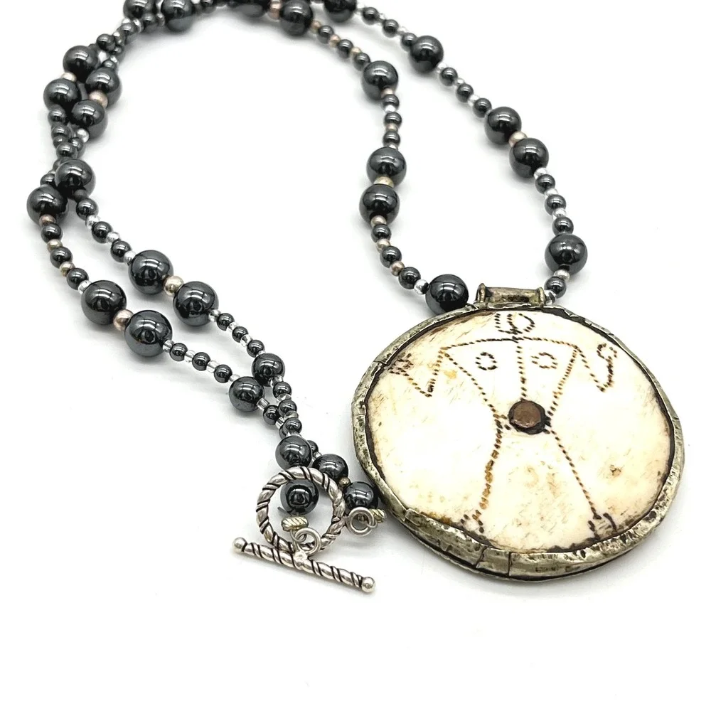 Naga Carved Shell Warrior Pendant Hematite Bead‎ Statement Necklace